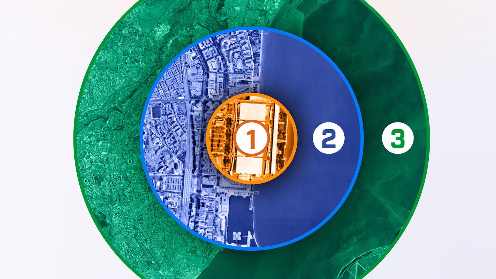 Three levels of reach: 1 the stand at BTL, 2 the area around the fair, 3 the city of Lisbon