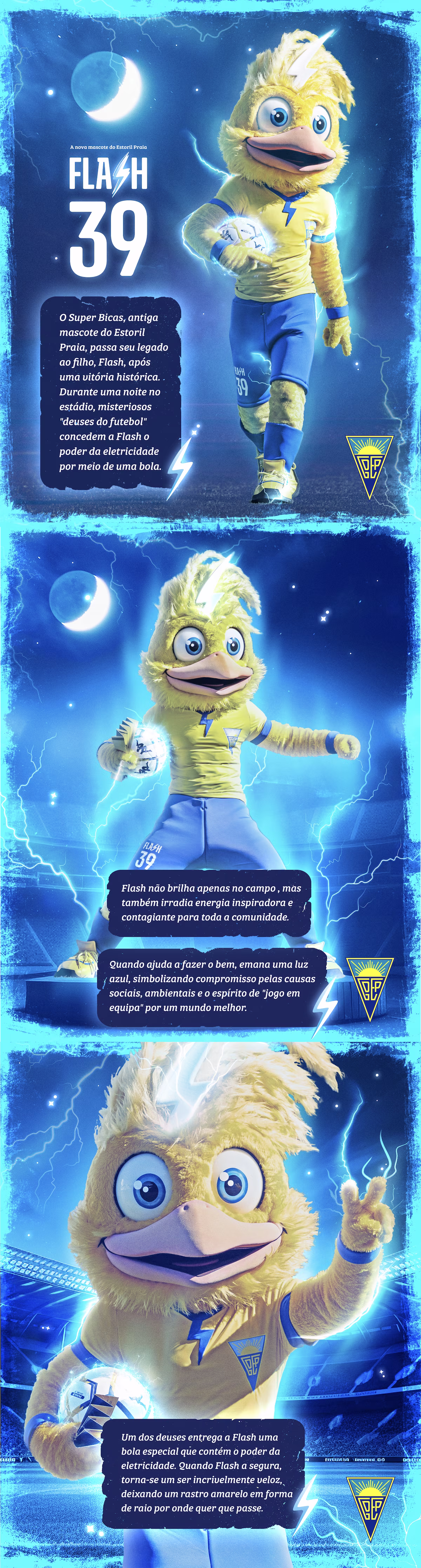 Flash: story panels with the mascot in the Estoril Praia kit, under a stormy night sky with lightning