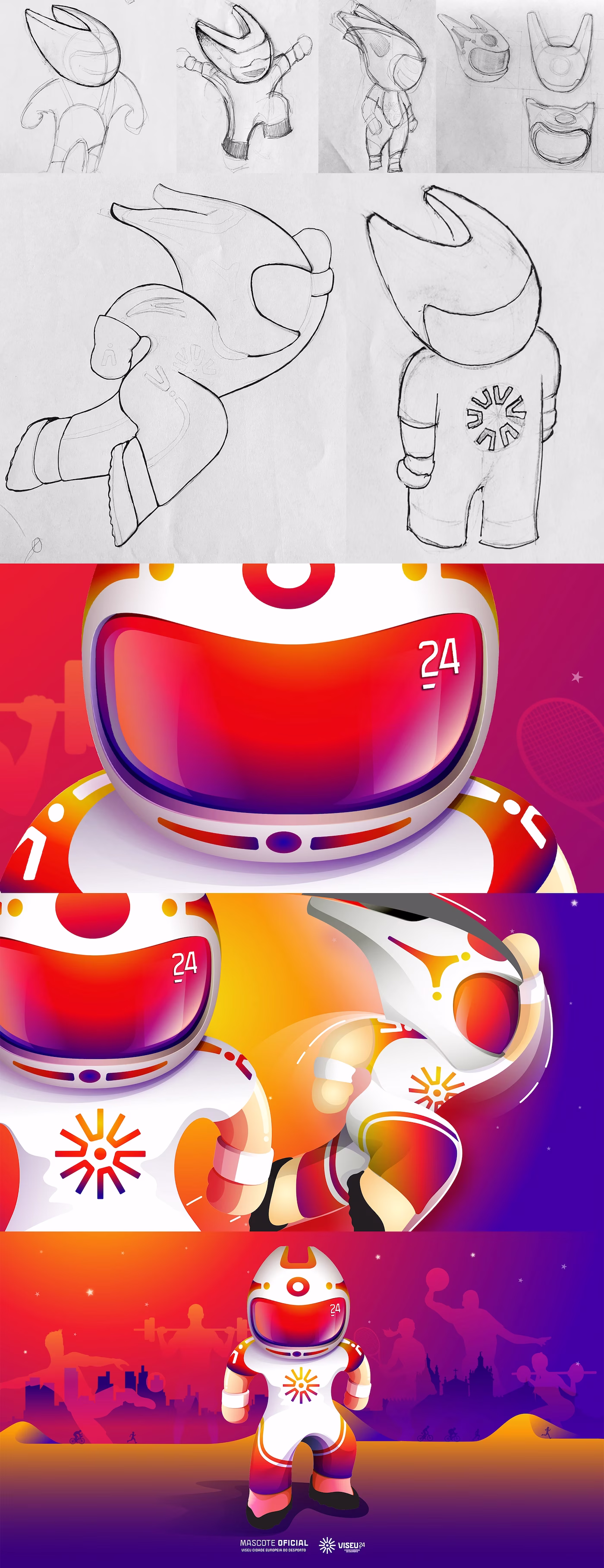 Carlos: pencil sketches, close-ups of the helmet and suit, and the final poster