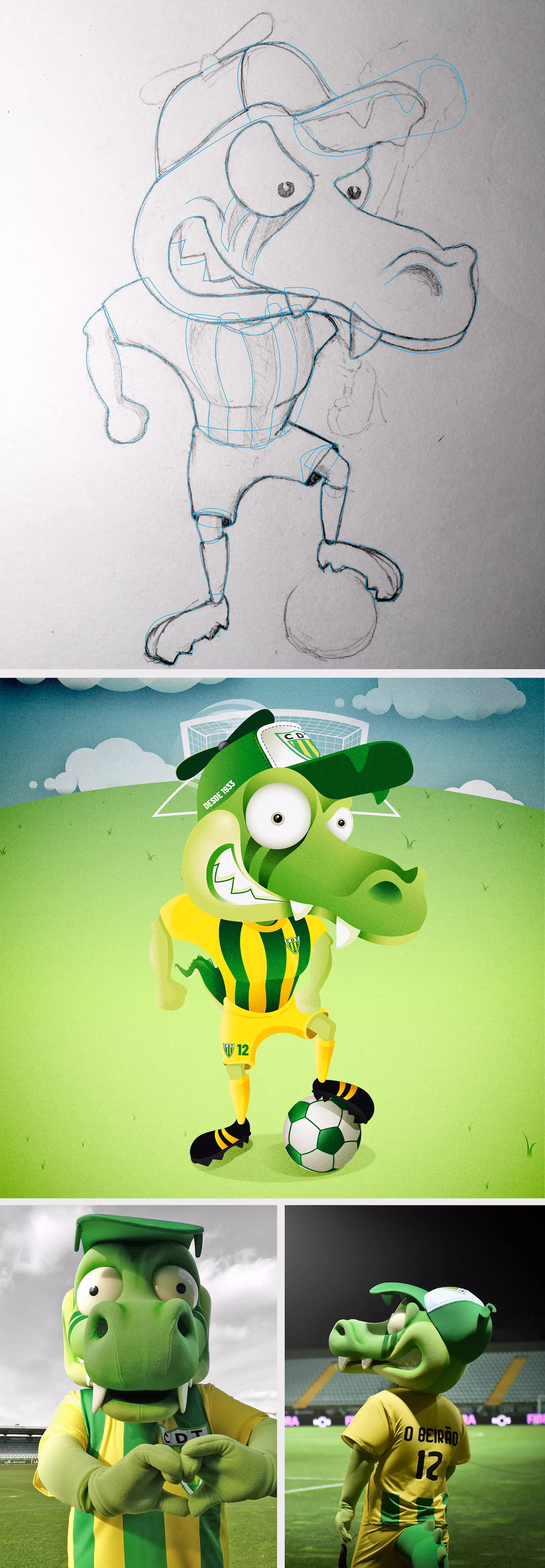 O Beirão: pencil sketch, the illustrated character with the ball and the full costume at the stadium