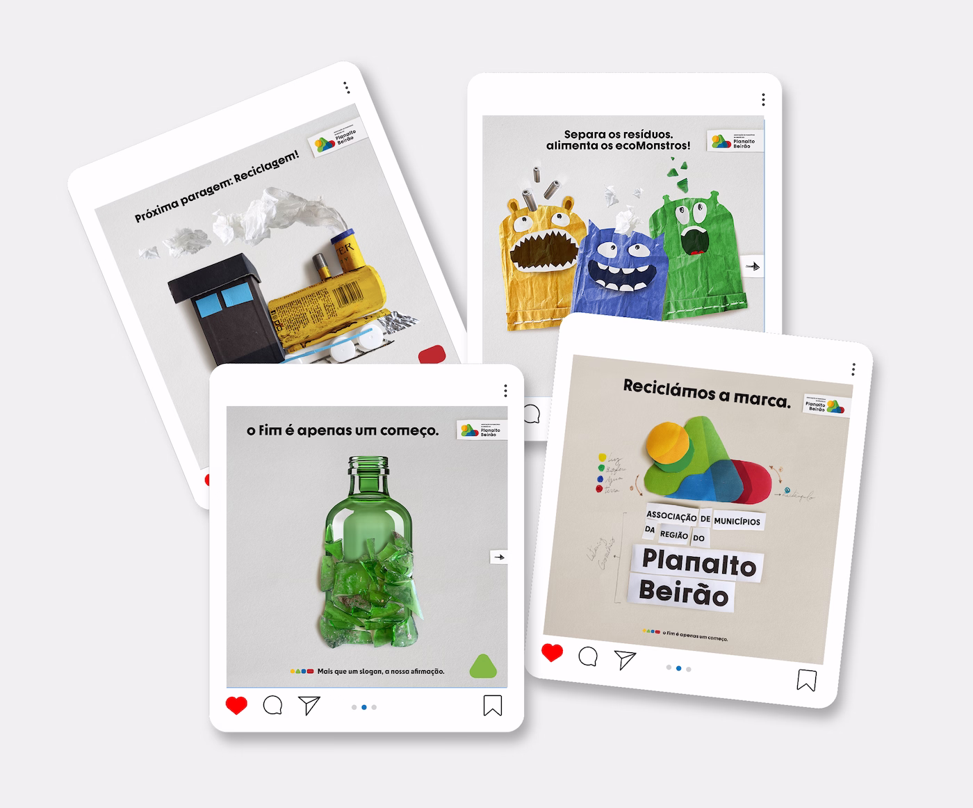Four social posts made from waste: a train built from packaging, the ecoMonsters, a bottle of broken glass and the brand in cut paper