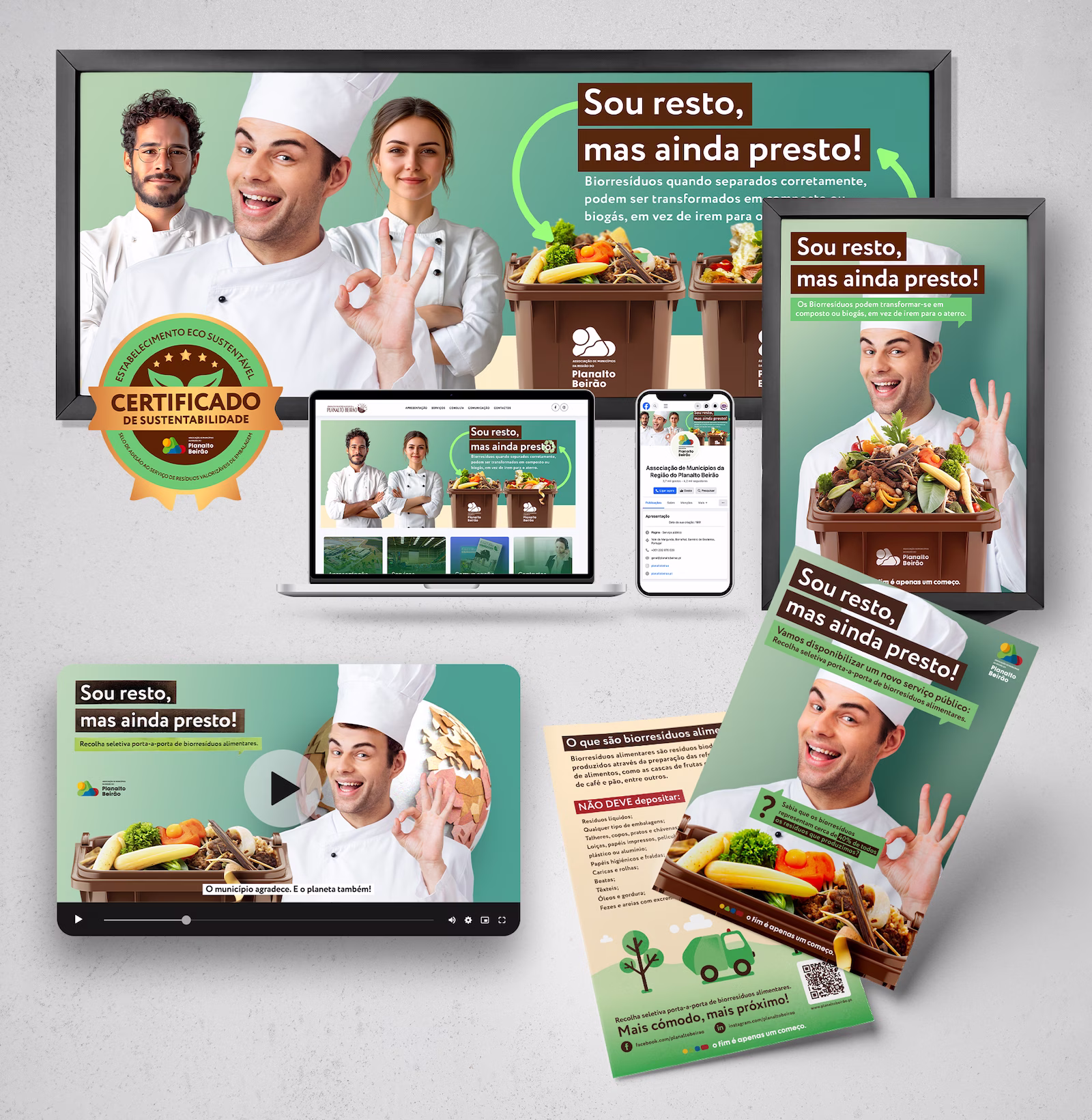 Sou resto, mas ainda presto! campaign pieces for the bio-waste collection service, with chefs as messengers and the brown bin