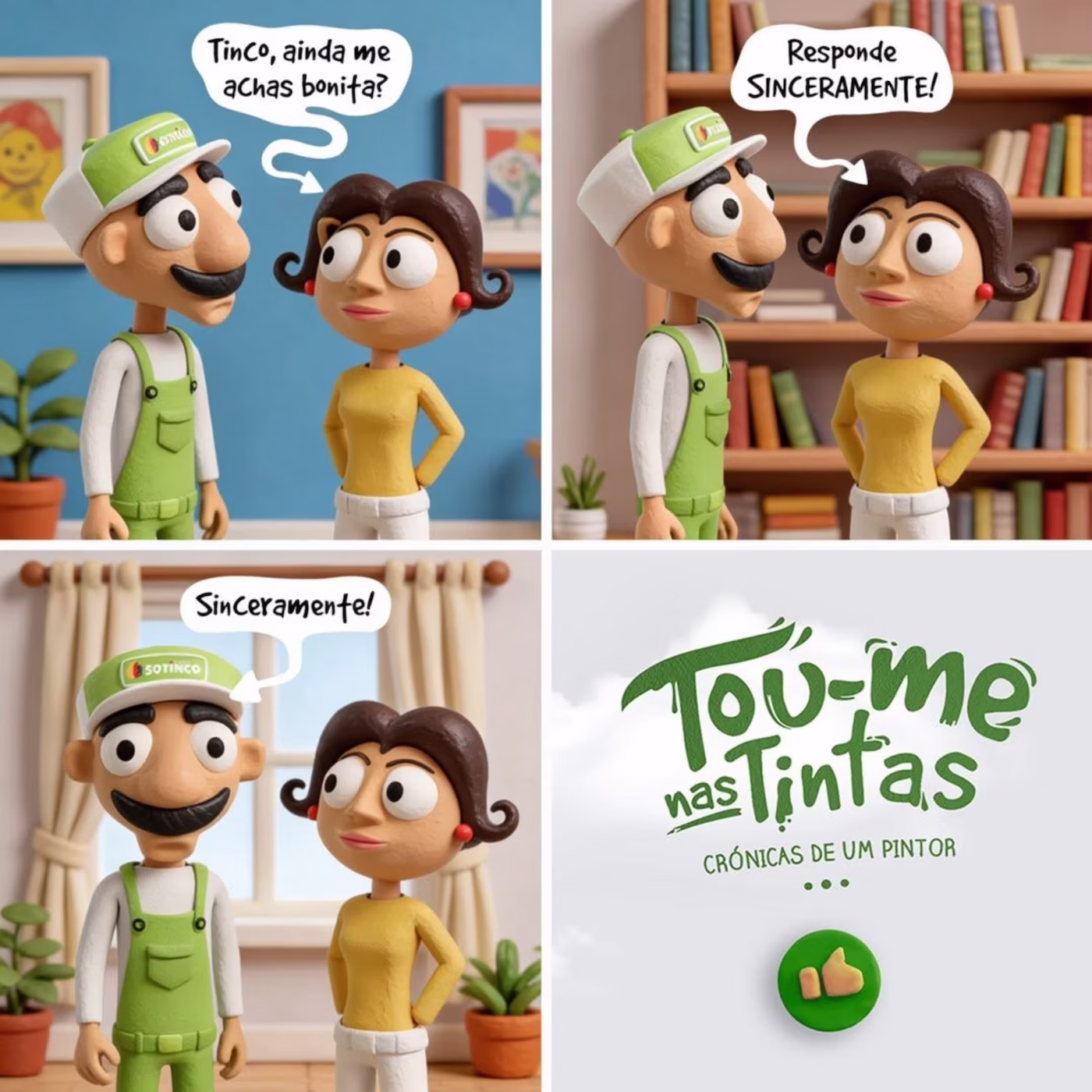 Tou-me nas Tintas comic strip: Tinco and his wife in four panels, ending with the series logo